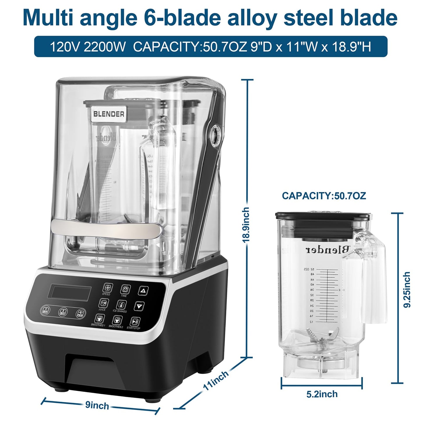 WaterElfo Commercial Blender 2200W 2.1QT 68OZ Quiet Blender Brushless Motors Commercial Smoothies, Frozen Drinks,Self-Cleaning，Electric Countertop Blenders Heavy-Duty,Silver Grey