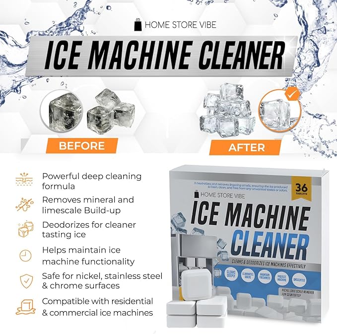 36 Pcs Ice Maker Cleaner Tablets – Descaler & Cleaning Solution for Ice Machines – Removes Odors & Build-up – Compatible with Countertop & Freestanding Ice Makers