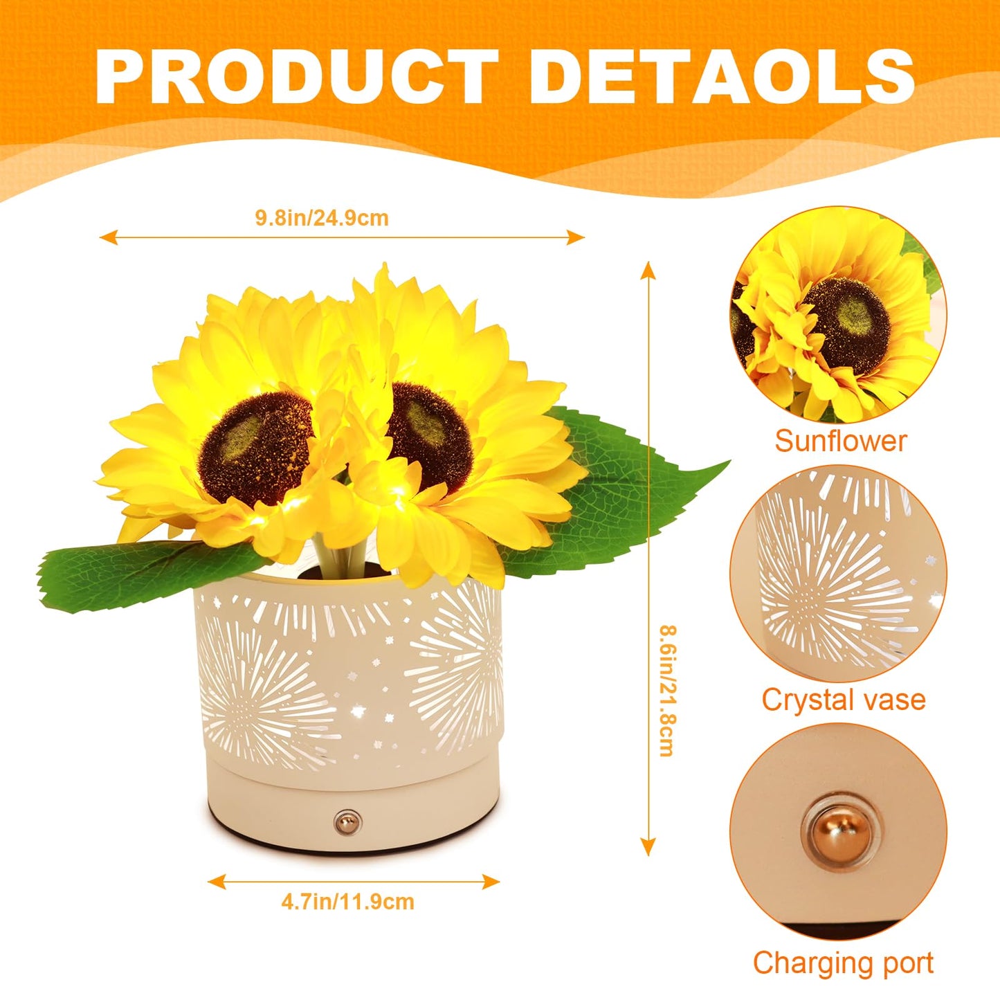 AMWGIMI Birthday Gifts for Women,Sunflower Flower Cordless LED Touch Table Lamp,3-Colour Infinitely Dimming Rechargeable Small Night Light for Festival,Restaurant,Bedroom,Office Decor Gifts for Mom