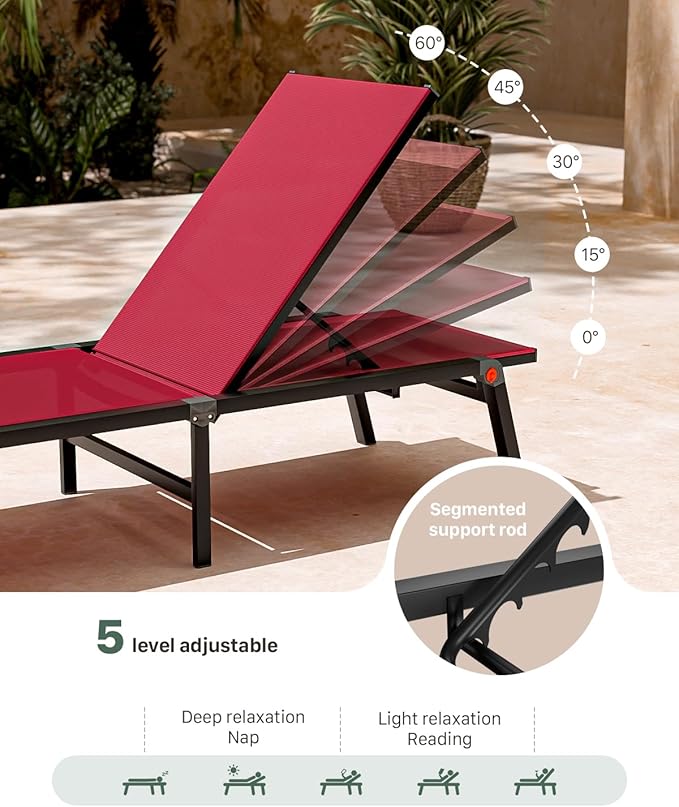 Aluminum Chaise Foldable Patio Lounge Chair Outdoor, Metal Deck Lounger Adjustable 5-Position Recliner Pool Chase Breathable Full Flat Outside Sun Tanning Chairs for Beach/Poolside/Lawn(Red, 1 Pack)