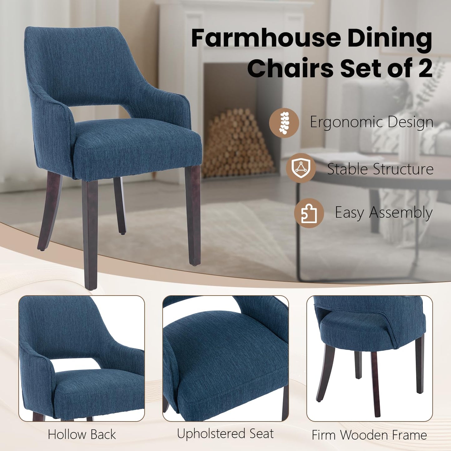 Kmax Linen Fabric Dining Chairs Set of 2 Upholstered Side Chairs Farmhouse Accent Chairs with Open Back Wood Legs for Dining Room Guest Room Restaurant, Blue(Wider Seats)