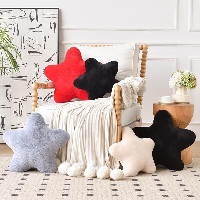 Xiashrk Star Pillow, Decorative Throw Pillows for Bed Couch, 15" Star Shaped Pillow Plush Floor Cushions Room Decor Pillow with Faux Rabbit Fur for Sofa Bedroom Living Room (Red, 19.6" x 19.6")