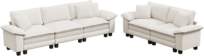 PHI VILLA Cloud Modular Couches Sets, 2 Pieces Sectional Sofa Set with Loveseat, 5-Seater Upholstered Couch for Living Room Small Spaces, Chenille Corduroy Dual Fabric, Beige