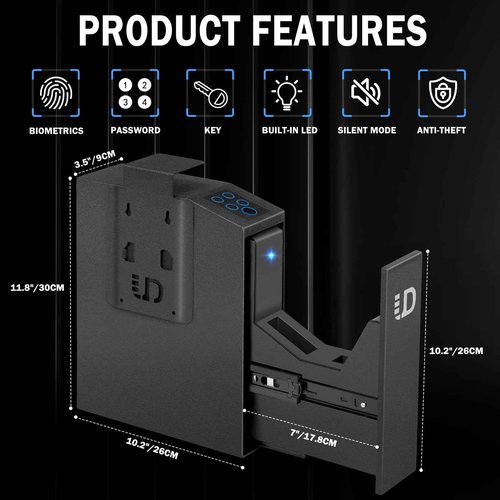 Urban Deco Biometric Gun Safe for Handgun with Quick Access Sliding Door Pistol Safes Mounted Nightstand, Desk, Wall, Vehicle, Bedside, Car Gun Safe Box with Fingerprint, PIN Code, KEY Access