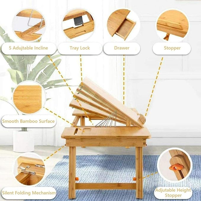 Easy Desk Bamboo Laptop Desk Laptop Table with USB Cooling Fan Adjustable Portable Breakfast Serving Bed Tray Foldable and Drawer, 22” Tilting Tray Top Surface