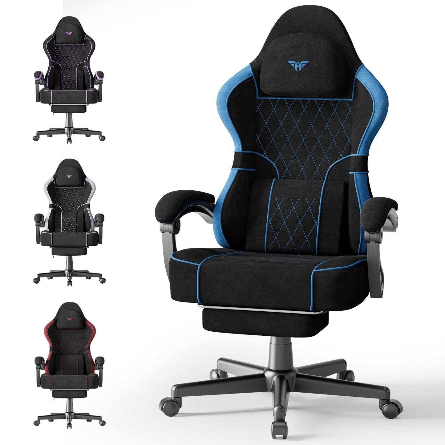 Huracan Ergonomic Gaming Chair Velvet Fabric, Massage Game Chair with Footrest for Adults, High Back Racing Computer Chair Lumbar Support Extended Seat for Home Office Video Game, Black and Blue
