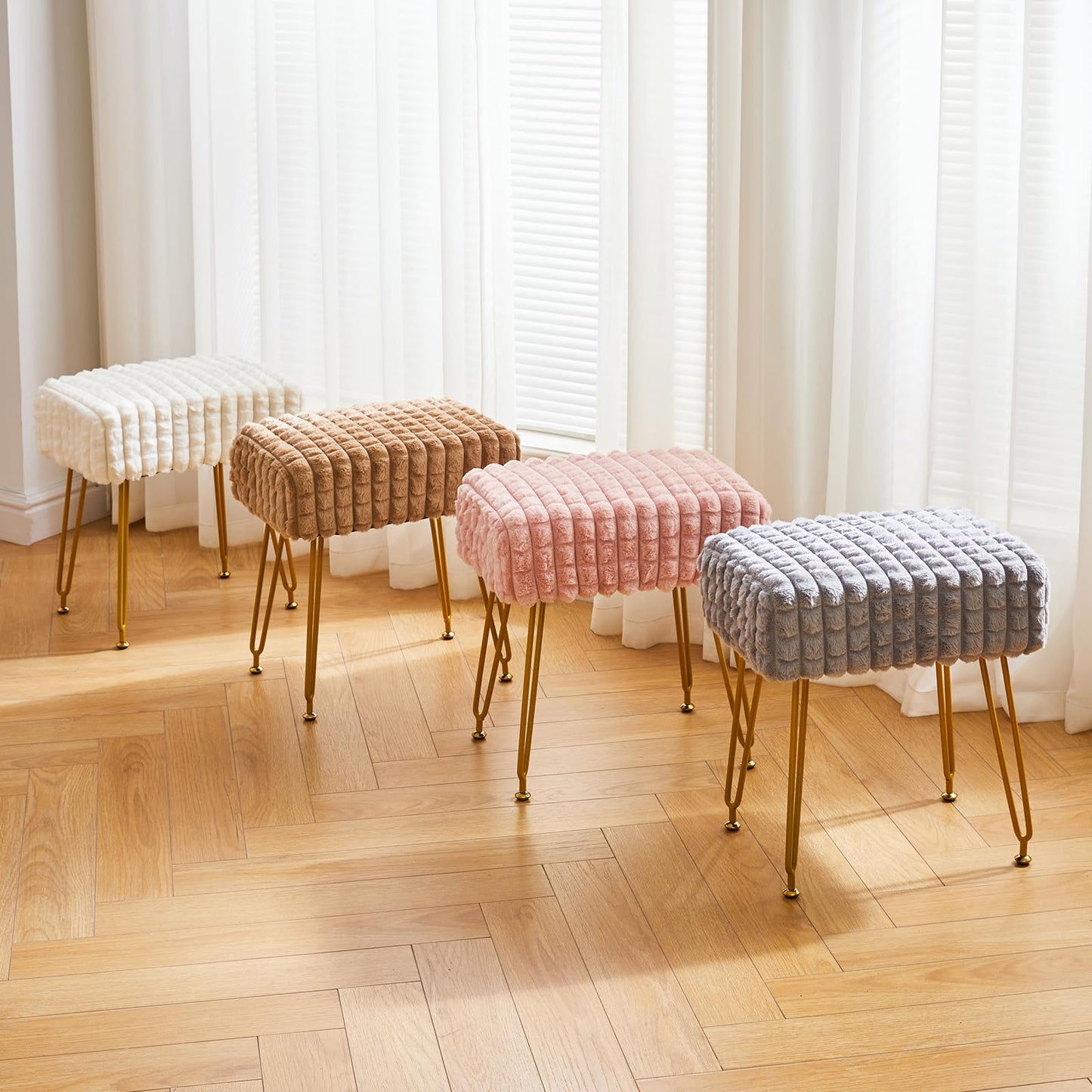 IBUYKE Rectangular Footrest Stool Ottoman, Makeup Vanity Stool Side Table, Velvet Dressing Table Seat, Footstool Chair, Golden Steel Legs, for Makeup Room, Bedroom, Square Grid Pattern, Khaki WBD003K