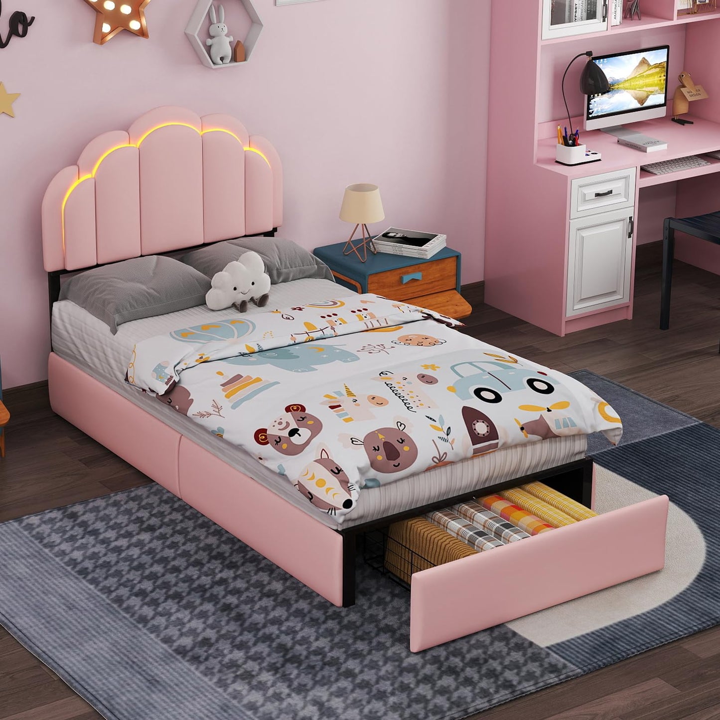 yenlacy Twin Upholstered LED Bed Frame with Storage Drawer, Cute Girls Bed with Petal-Shaped Headboard, Velvet Princess Platform Bed Frame, Metal Slats Support, No Box Spring Needed, Pink