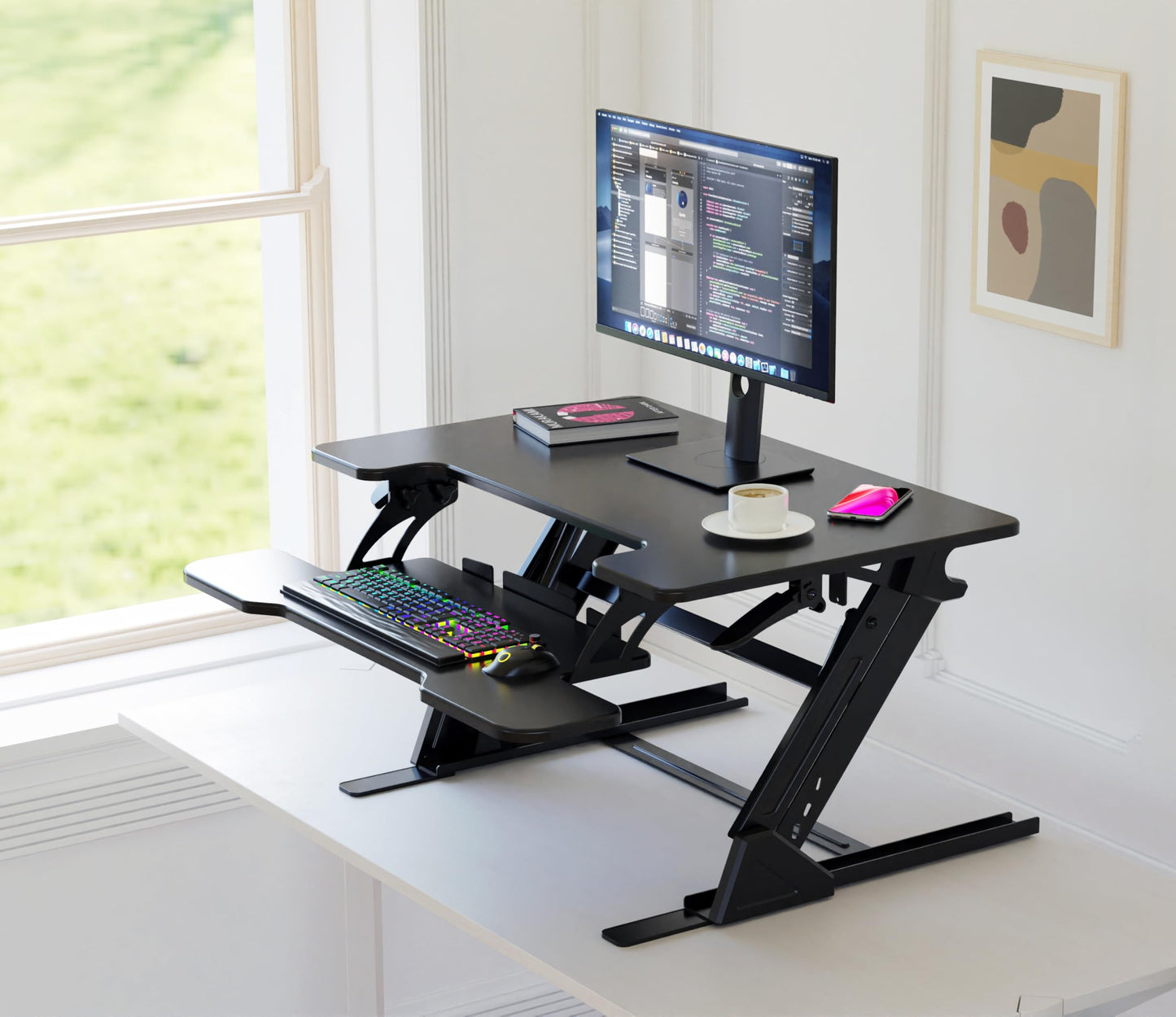 NSY Audio Standing Desk Converter 32 x 24 Inches - Height Adjustable Sit to Stand Riser with Keyboard Tray, Ergonomic Workstation for Home Office, Black