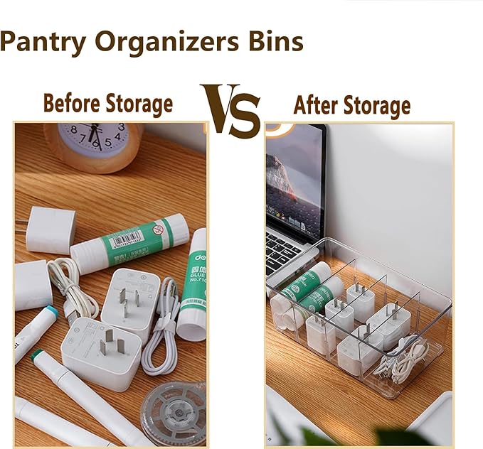 8 Pack Refrigerator Organizers and Storage,Clear Plastic Storage Bins with 3 Dividers for Pantry,Kitchen,Fridge Organization and Storage,Snack Containers for Spice Packets,Tea bag organizer