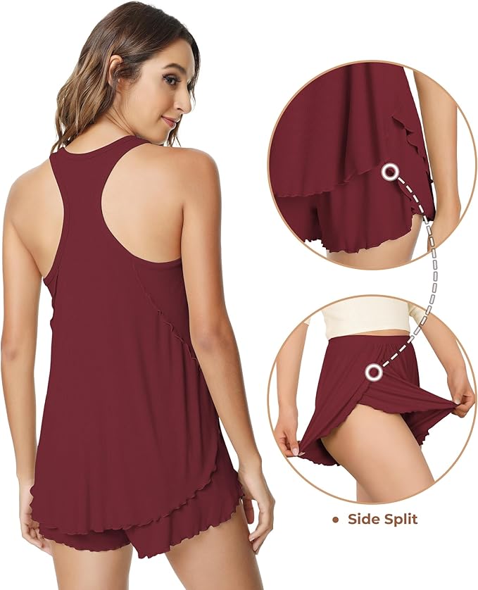 NACHILA Pajamas for Women-Viscose from Bamboo, Ribbed Racerback Tank Top Sexy Split Shorts Pajama Sets Cooling Sleep Cami Pjs