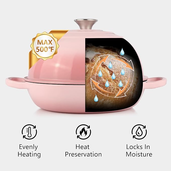 6QT Bread Dutch Oven Pot with Lid, Enameled Cast Iron Dutch Oven for Sourdough Bread Baking, Roasting, Stewing and Soup, Non-Stick Enamel Cookware for Oven/Stovetop, Perfect for Homemade Bread, Pink