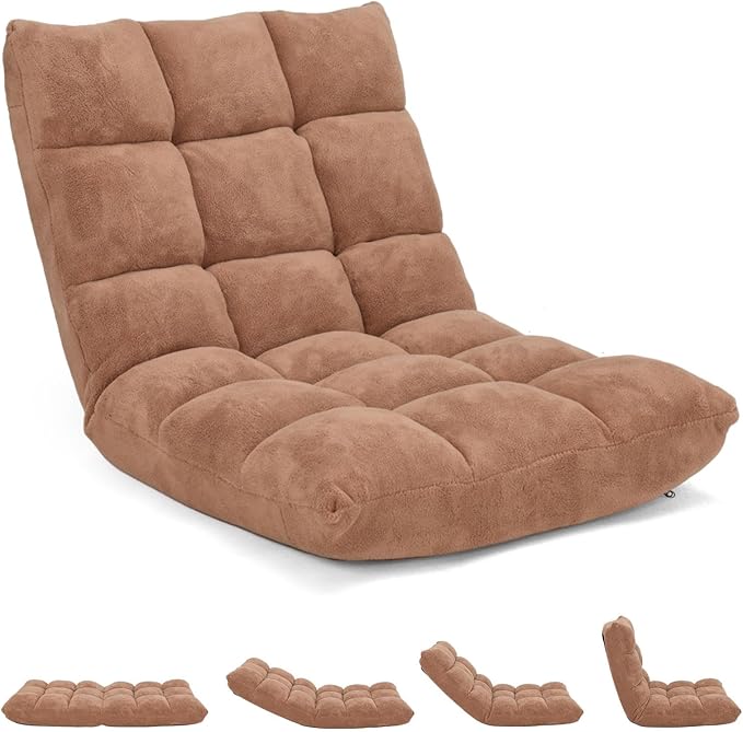 Folding Floor Chair w/Back Support, 14-Position Adjustable Lazy Sofa Chair w/Coral Velvet Fabric & Alloy Steel Frame, Portable Meditation Chair for Reading, Gaming,Sleeping (Beige)