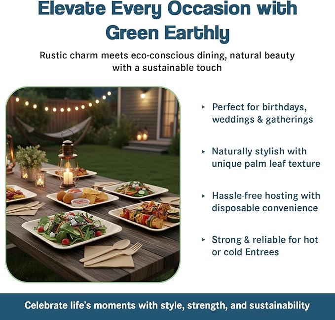 Palm Leaf Party Pack, Compostable, Biodegradable, Disposable, Sturdy, Eco-Friendly, Microwave Safe. 10'' & 7'' Square Plates, Wooden Cutlery & Napkins (For 25 People - 175 total items).