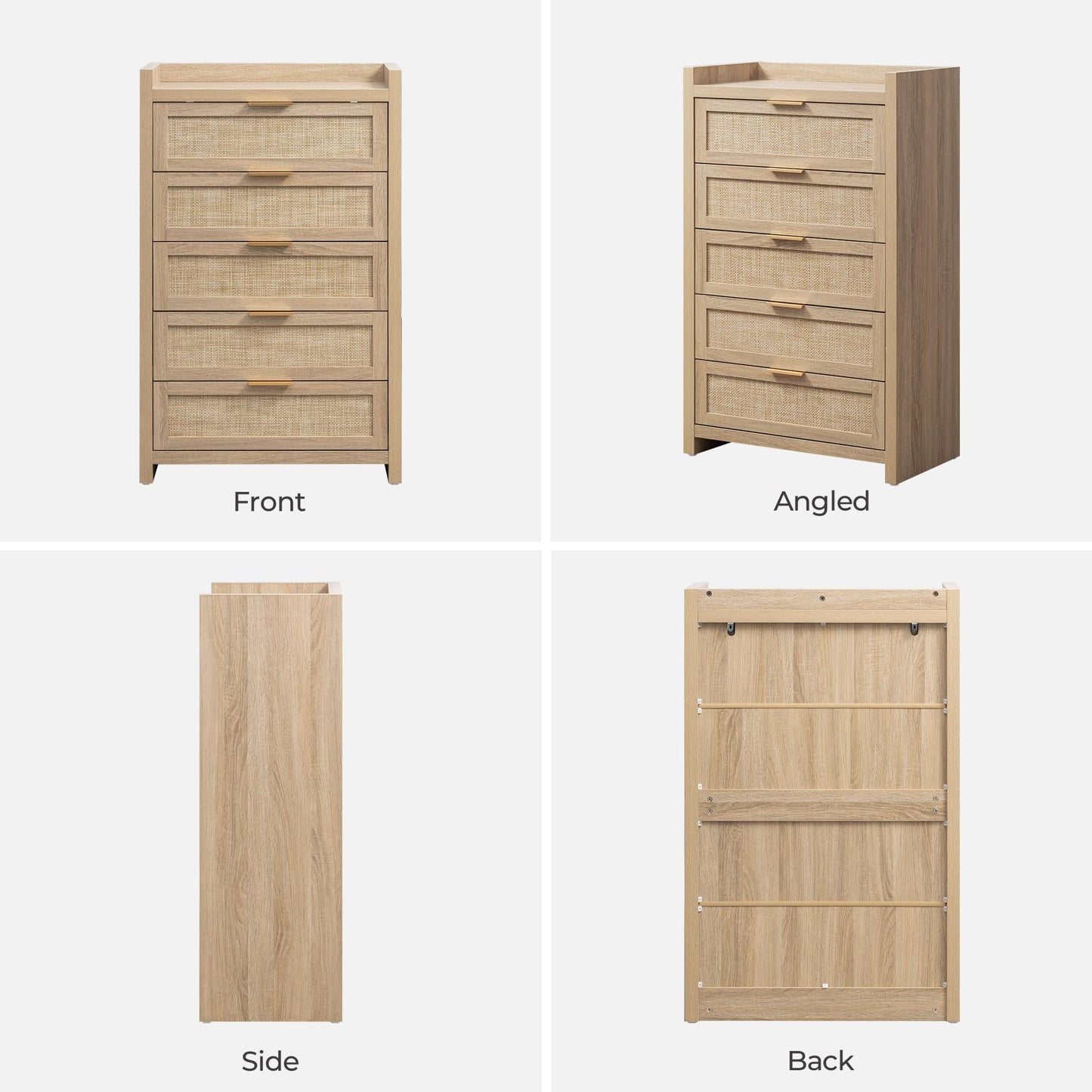 SICOTAS Dresser for Bedroom Chest of Drawers 46" Tall Dresser for Closet with 5 Rattan Drawers Boho Night Stand Large Clothes Storage Cabinet for Living Room Hallway Nursery Entryway