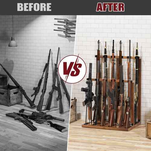 amoard Indoor Gun Racks, Wooden Free Standing Heavy Duty Shotgun Display Rack, Rifle Stand Organizer, 12 Rifles Storage Holder Wood Gun Rack (Walnut)