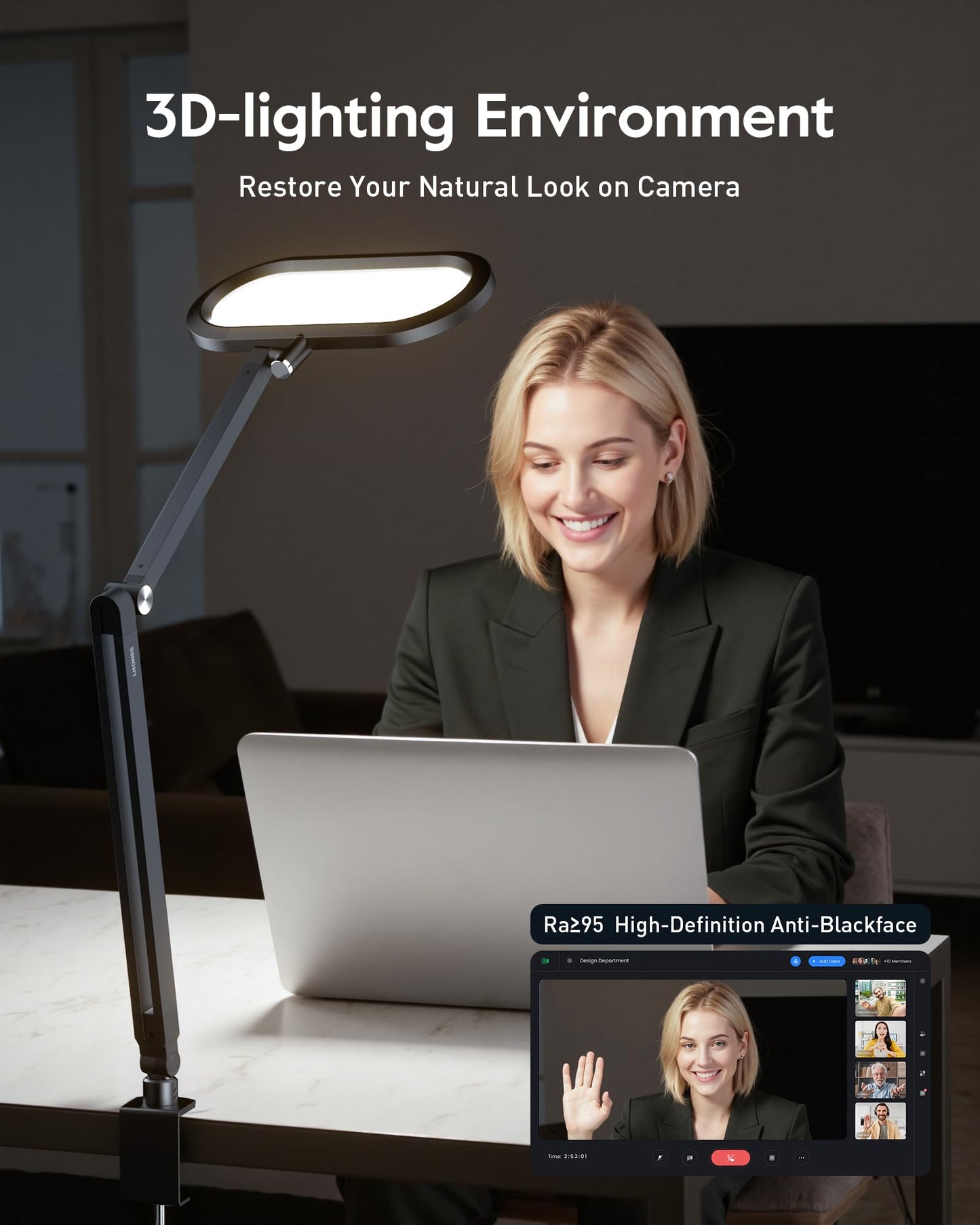 LitONES Desk Lamp for Home Office, Eye-Care Dual-Sided Seamless Dimmable LED Desk Light with Knob Remote, Adjustable Arm Clamp Computer Lighting for Video Conference Recording, Zoom Call, Task, Stream