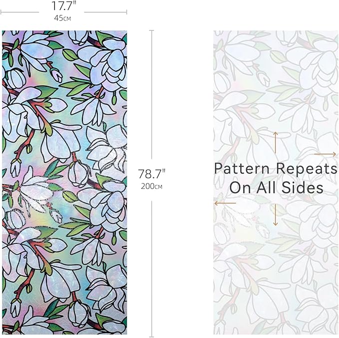 DKTIE Magnolia Pattern Stained Glass Window Film Floral Decorative Window Privacy Film with Rainbow Effect Front Door Bathroom Room Decor (S678, 17.7in X 78.7in)