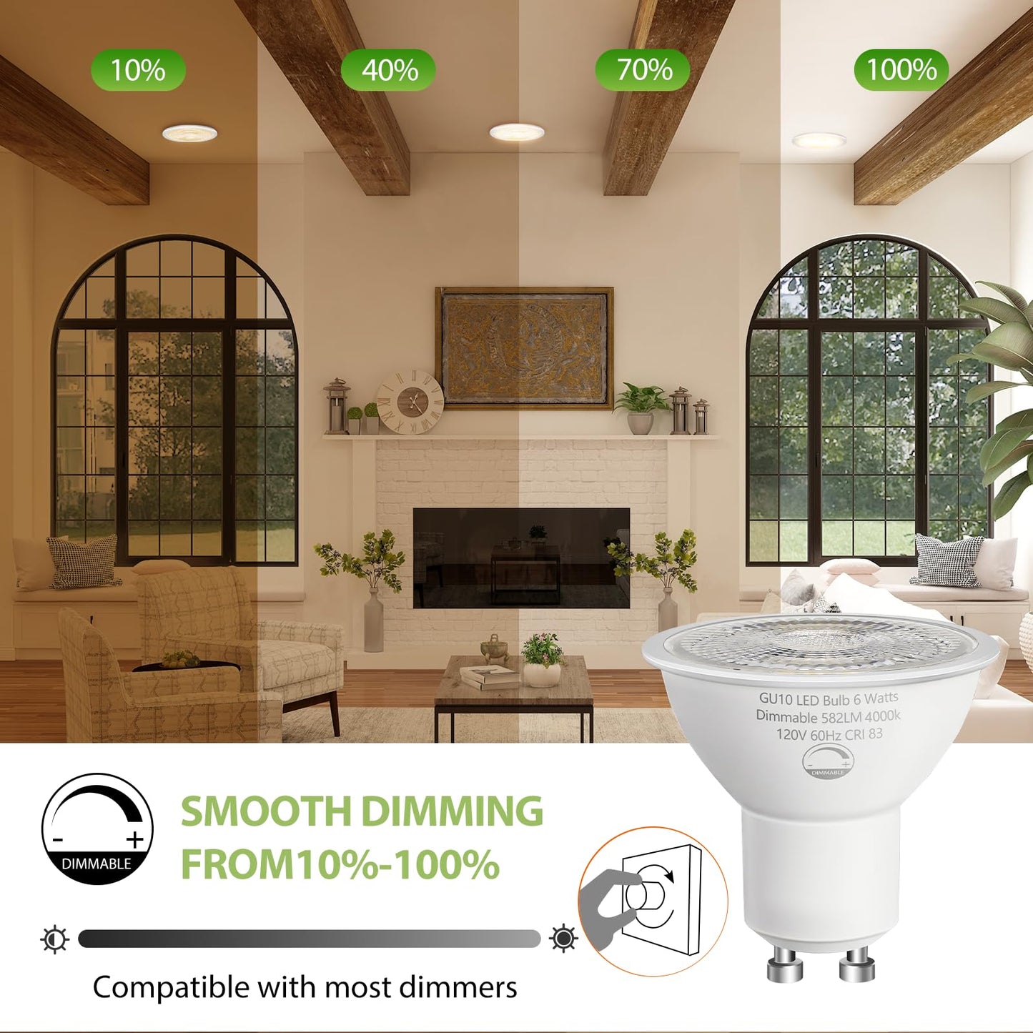 SETEN 6-Pack GU10 LED Bulbs 6W (50W Equivalent), Dimmable 4000K Cool White, 580LM, Perfect for Track & Recessed Lighting, Kitchen, Display Case