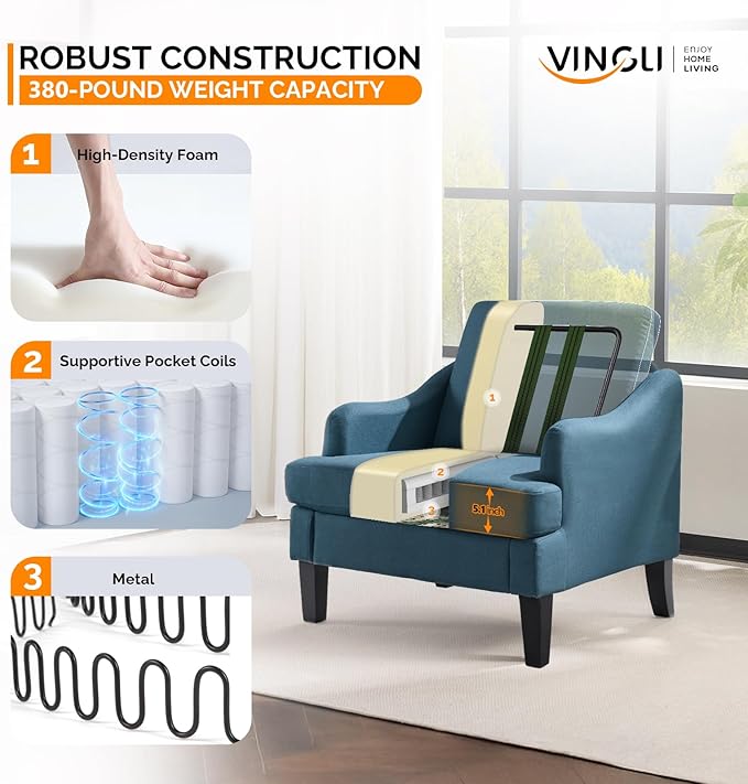 VINGLI Linen Fabric Accent Chair Navy Blue, Modern Upholstered Armchair, Comfy Sofa Chair Living Room Bedroom Furniture for Apartment
