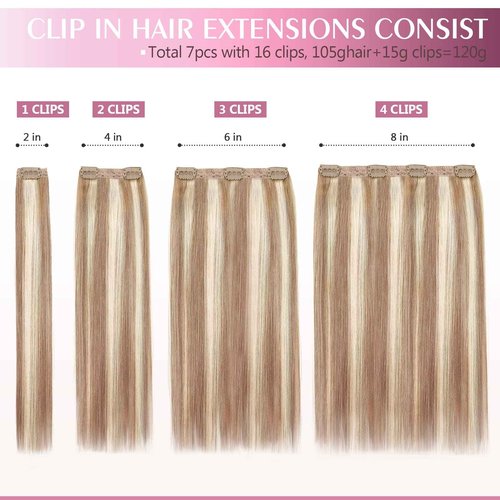 Fimislosion Real Hair Extensions Clip in Human Hair, Seamless Clip in Hair Extensions Real Human Hair, 16 Inch Clip ins extensions for women, Honey Blonde With Bleach Blonde 120G 7Pcs