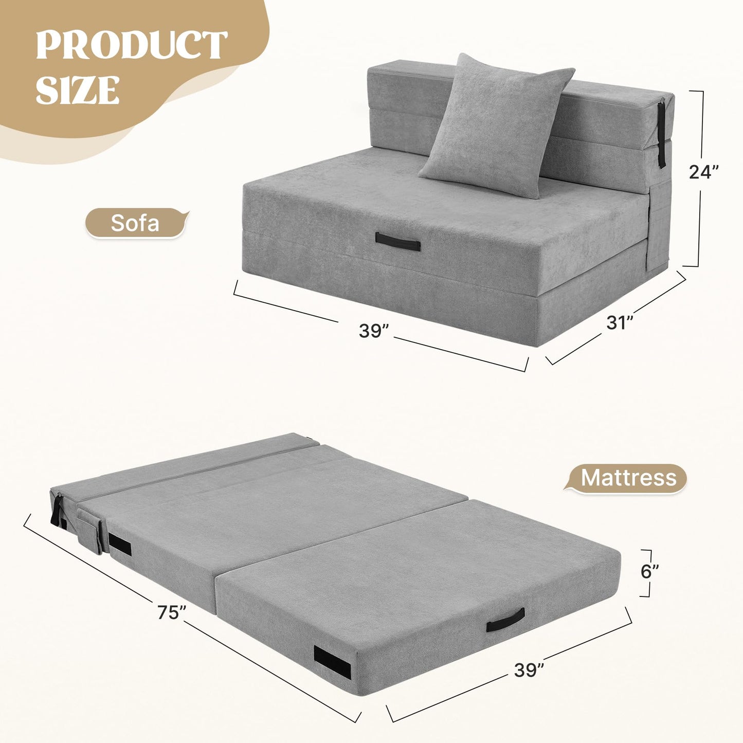 Aivermeil Folding Sofa Bed Couch Futon Sleeper Chair with Pillow, Convertible Futon Couch, Foldable Mattress, Washable Cover, for Living Room/Dorm/Guest Room, Twin Size, Dark Grey