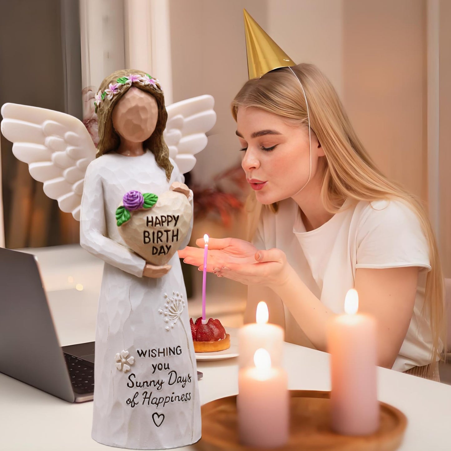 AUMELO Happy Birthday Gifts for Women, Gifts for Women Birthday Unique, Gift for Best Friend Female, Mom, Sister, Her, Coworkers, Daughter, Girlfriend, Hand-Painted Resin Angel Figurine (Purple)