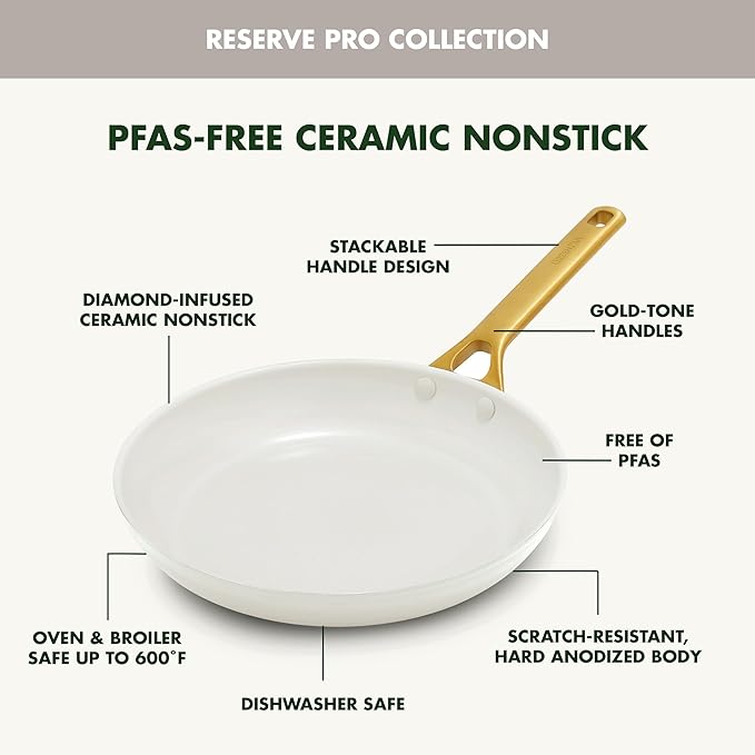 GreenPan Nonstick Reserve Pro 10” & 12” Frying Pan Set, NSF Certified Ceramic, Hard Anodized PFAS-Free Skillets, Stainless Steel Handles, Oven & Dishwasher Safe, Cream White