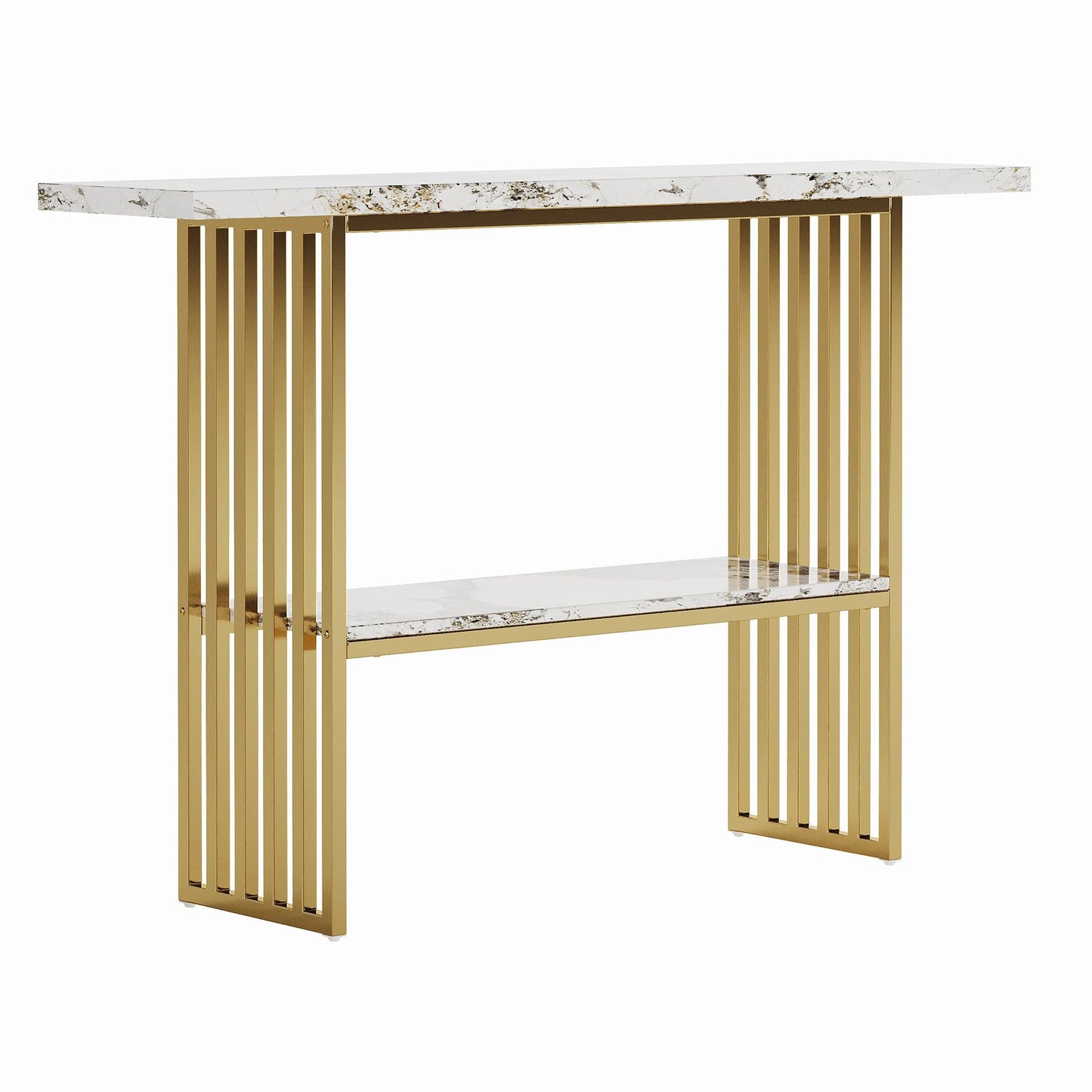 GDFStudio 47.2" Modern Console Table with Shelf, Luxury Narrow Entryway Table with Faux Marble Top and Gold Metal Frame, Sofa Tables Behind Couch for Living Room Foyer Hallway, Gold White