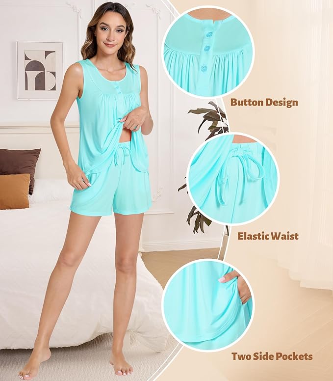 NACHILA Pajamas for Women-Viscose from Bamboo, Ribbed Racerback Tank Top Sexy Split Shorts Pajama Sets Cooling Sleep Cami Pjs