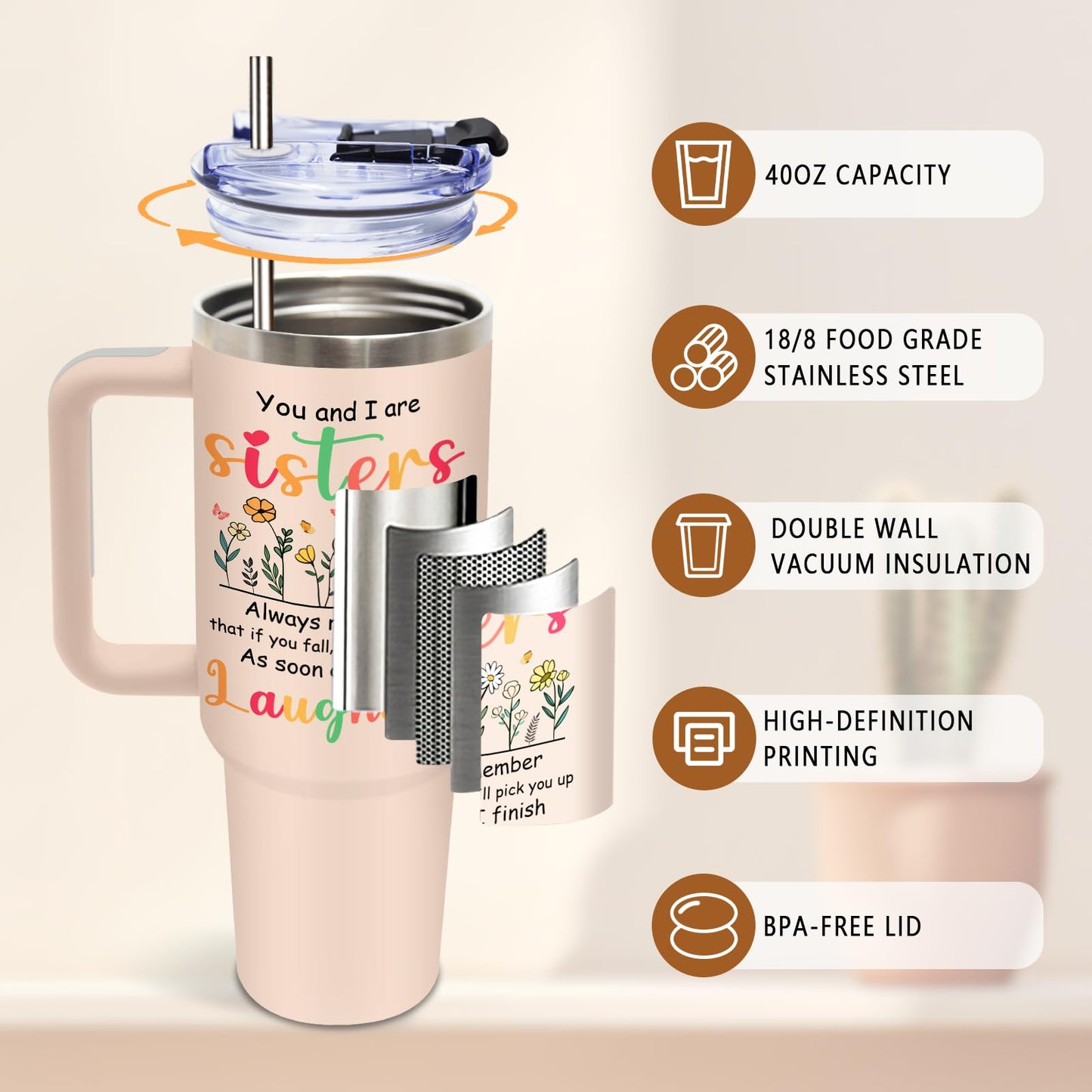 DUUV Sister Birthday Gifts, Sisters Gifts from Sister Tumbler 40 Oz, Birthday Gift for Soul Sisters BFF Bestie Friends, 40 Oz Tumbler with Handle Lid and Straw, 1PCS