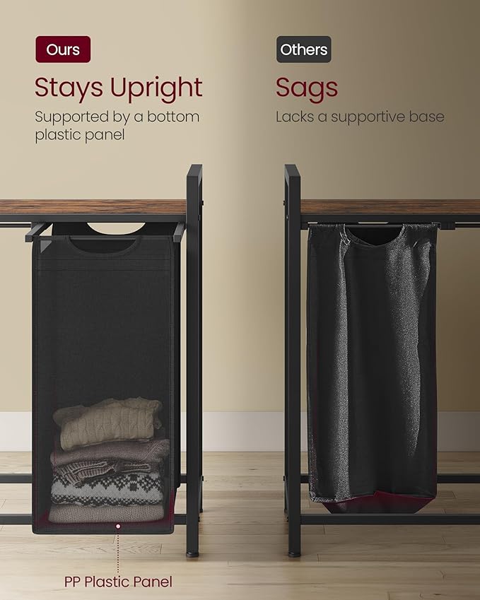 VASAGLE Laundry Hamper, Laundry Basket, Laundry Sorter with 3 Pull-Out and Removable Bags, Shelf, Metal Frame, 3 x 10.6 Gallons (40 L), 36.4 x 13 x 28.4 Inches, Tricolor and Rustic Brown UBLH301X01