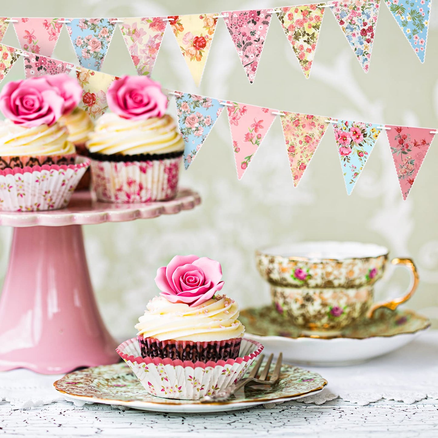 Funtery 5 Pcs Retro Bright Floral Paper Garland Chic Tea Party Decorations Wildflower Garland Floral Triangle Banner for Wedding Birthday Parties Festivals Home Outdoor Hanging Decorations