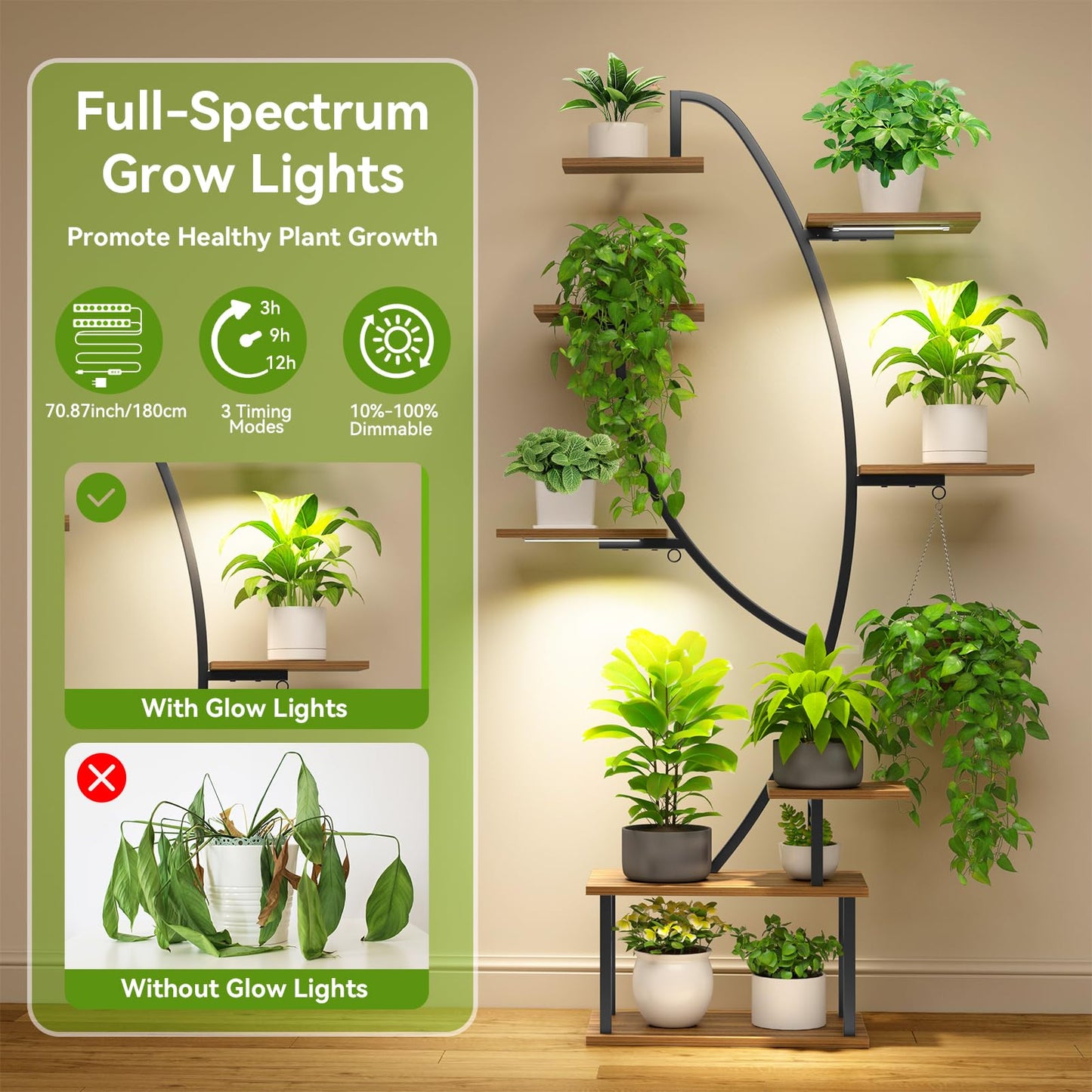 Zekoled Plant Stand Indoor with Grow Lights, Multi-layer Tall Metal Plants Shelf, Corner Plant Stand Indoor with Cable Ties & Safe Straps for Living Room, Patio (Swan Neck)