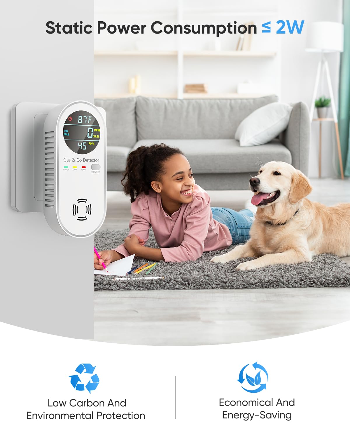 Vilfet Carbon Monoxide Detectors and Natural Gas Detector, 4-in-1 Carbon Monoxide Detectors Plug in, Gas Leak Detector with Dual Alarms, Temperature & Humidity Sensor for Home, RV, White, 2 Pack