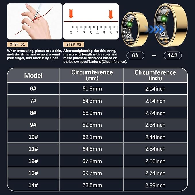 Smart Health Ring for Women Men, Fitness Tracker Ring with Heart Rate, Blood Oxygen, Sleep Tracker, Step Tracker, No Subscription Fee, IP68 Waterproof Smart Ring for iPhone & Android (Gold, 14#)