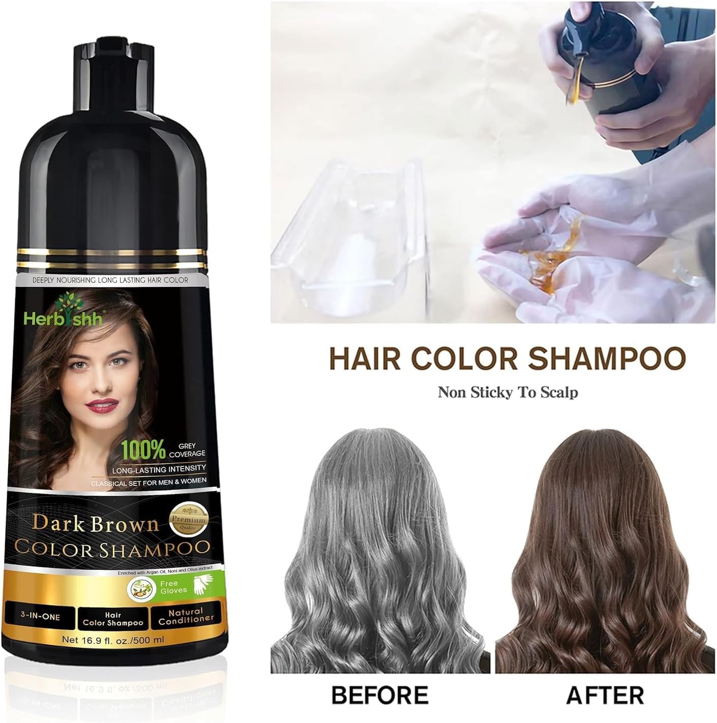 Hair Color Shampoo for Gray Hair, Dark Brown, 500ml with Color Stain Remover Wipes, Ammonia Free