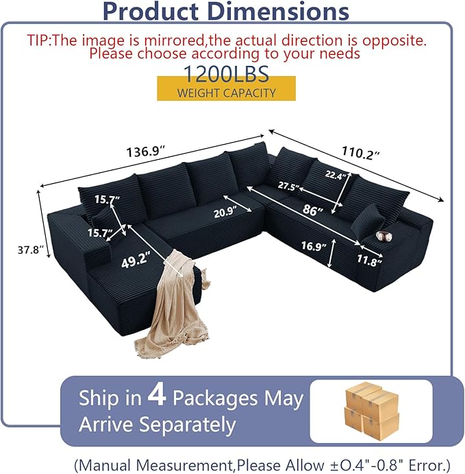 137" Cloud Sectional Couch with L-Shape Chaise, Modern Corduroy Boneless Couch for Living Room,Memory Foam Sofa with Deep Seat,No Assembly Required (Black,Left-Facing Chaise)