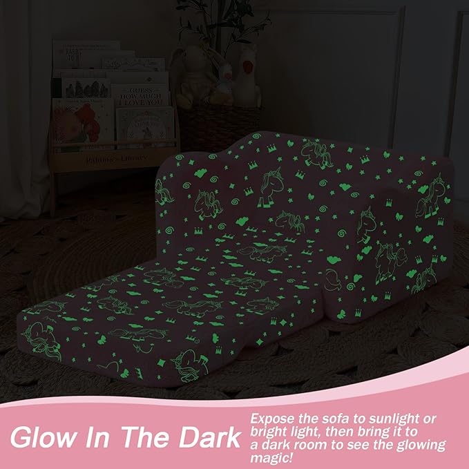 MeMoreCool Glow‑in‑The‑Dark Unicorn Toddler Chair – Soft Plush Fold‑Out Recliner | Kids Lounge Chair for Boys & Girls Aged 1‑3, Convertible 2‑in‑1 Seating & Napping Spot, Easy‑Fold Safe Construction