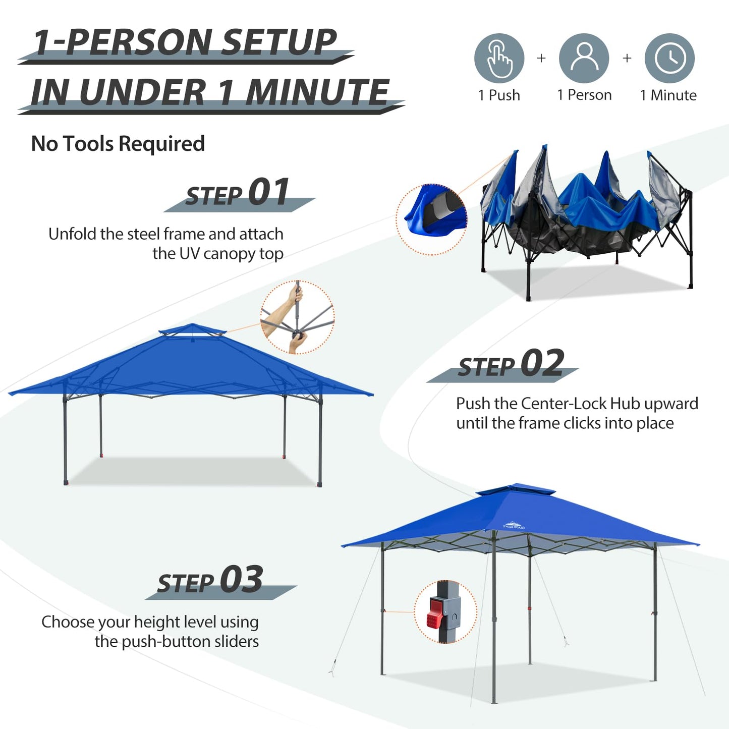 EAGLE PEAK 13x13 Straight Leg Pop Up Canopy Tent Instant Outdoor Canopy Easy Single Person Set up Folding Shelter w/Auto Extending Eaves 169 Square Feet of Shade (Blue)