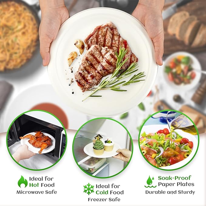 300Pcs Compostable Paper Plates Set, Eco-friendly Heavy Duty Plates & Biodegradable Utensil Include Forks,Knives,Spoons, Napkins, Disposable Dinnerware Set for Party (White)