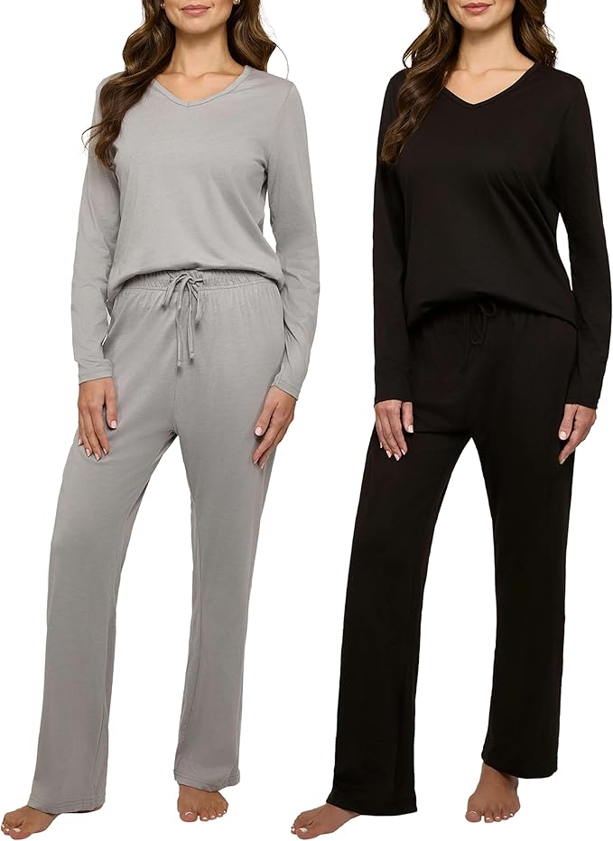 Real Essentials 2 Pack Women's Soft Cotton Long Sleeve Pajama Set with Pants - Lounge Sets for Women (Available In Plus)