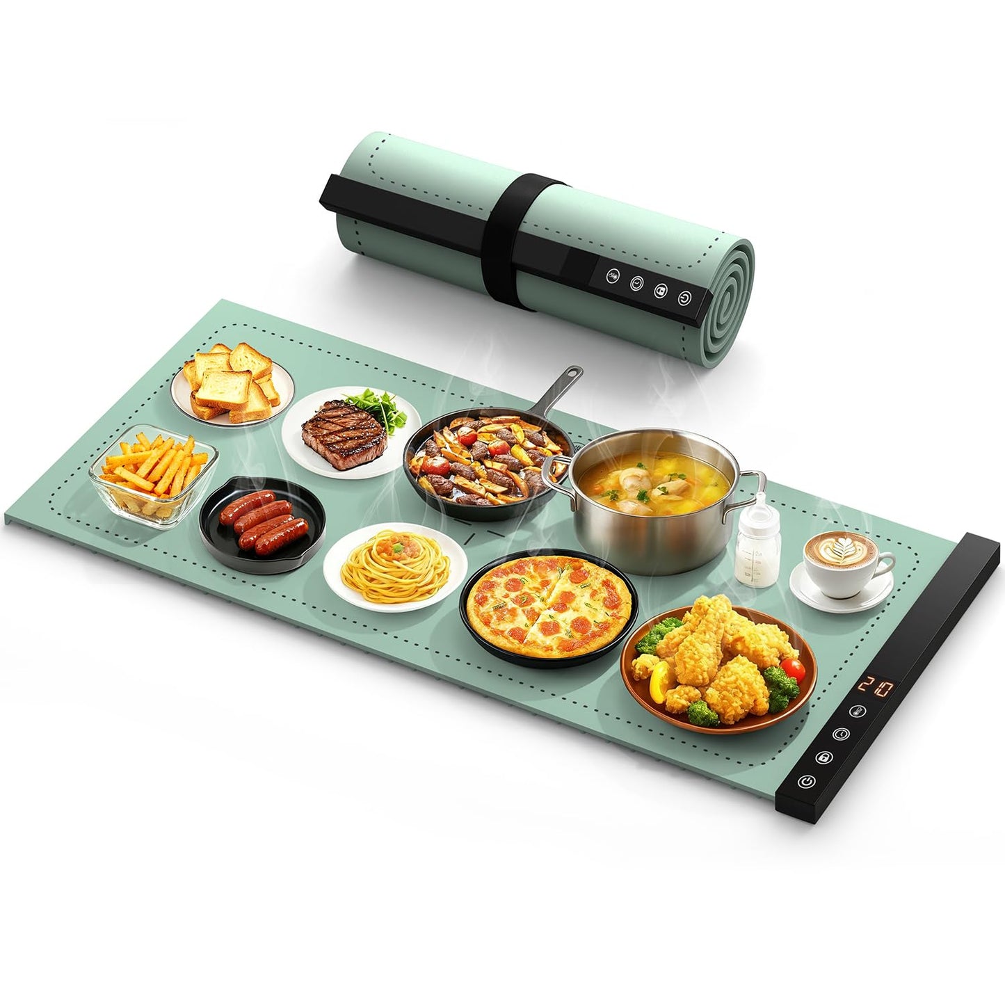 Warming Mat for Food - Full Surface Rapid Heating, Rollable & Portable Food Warmer Mat with 6 Temperature Settings and 1-4 Hours Adjustable Timer, Silicone Heating Mat for Party Buffet (Green-XXL)