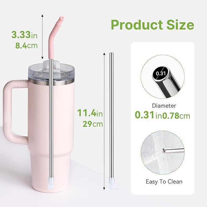 Metal Straw Reusable for Stanley 30 OZ Tumbler, 2 Pcs 11″ Long Stainless Steel Drinking Straws with Silicone Tip for STANLEY Quencher 30 oz Cups,1 Straw Brush,BPA Free Dishwasher Safe(Purplish Pink)