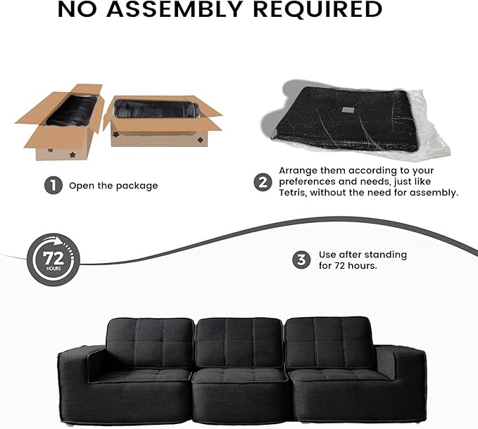 108" Boneless sectional Couch for Living Room,Convertible L-Shape Fleece Couches with Ottoman, Cloud Modular Sofa with Deep Seat for Bedroom, No Assembly,Black