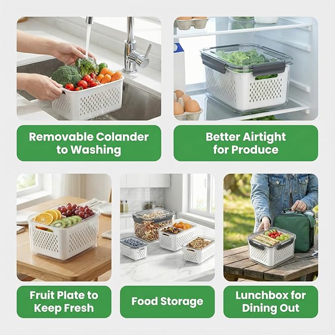 5PCS Fruit Storage Containers for Fridge, Leakproof Produce Containers for Fridge with Removable Colander, All-In-One Fruit Containers Stainers Berry, Fruits, Vegetables, Salad Keeper Local Stock