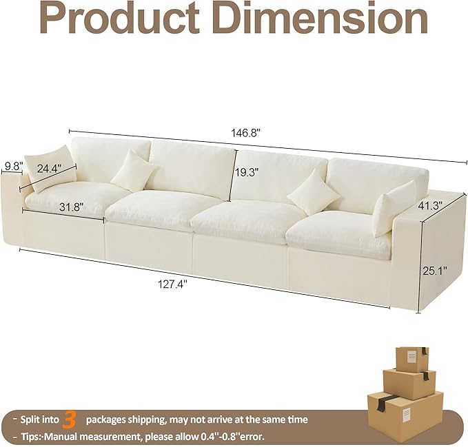 155''Cloud Boneless Sectional Couch, Modular Sectional Sofa Deep Seat, Oversized Upholstered Convertible Comfy 4 Seater Chenille Memory Foam Sofa Couches for Living Room, Beige