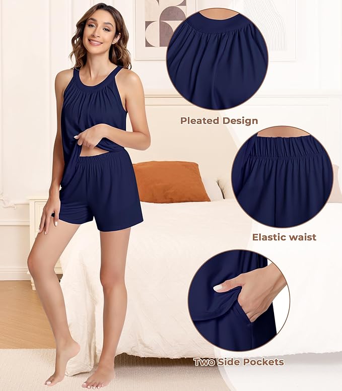 NACHILA Pajamas for Women-Viscose from Bamboo, Ribbed Racerback Tank Top Sexy Split Shorts Pajama Sets Cooling Sleep Cami Pjs