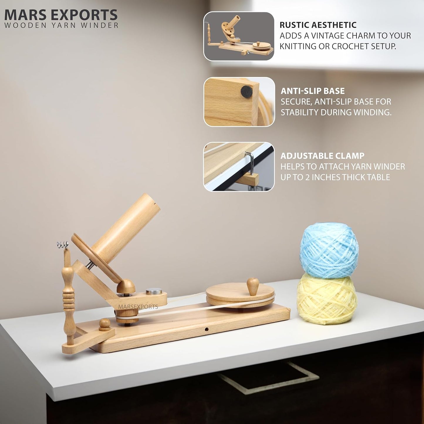 Wooden Yarn Winder with Swift – Manual Yarn Ball Winding Tool for Knitting and Crocheting (ONLY Winder Beechwood)