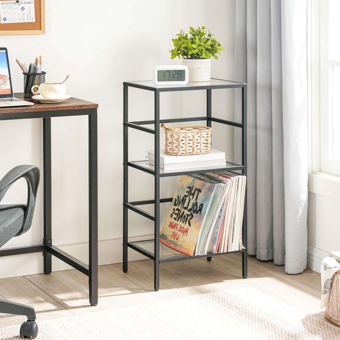 HOOBRO 3-Tier Bookcase, Tempered Glass Bookshelves, Record Storage Rack with Side Fence, Storage Shelves for Bathroom, Slim Shelving Unit for Living Room, Home Office, Black BK81CJ01